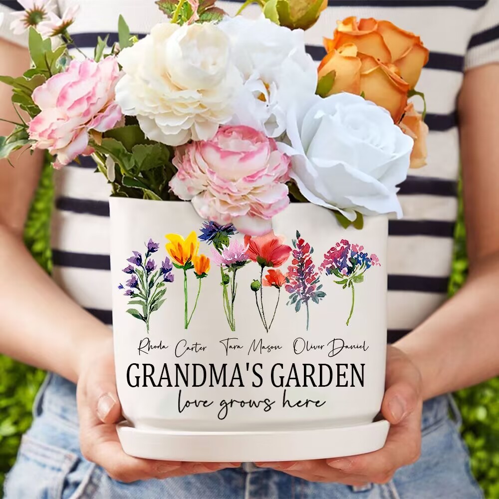 Personalized Grandma's Garden Birth Flower Pot With Grandkids Name For Mother's Day Gift Ideas