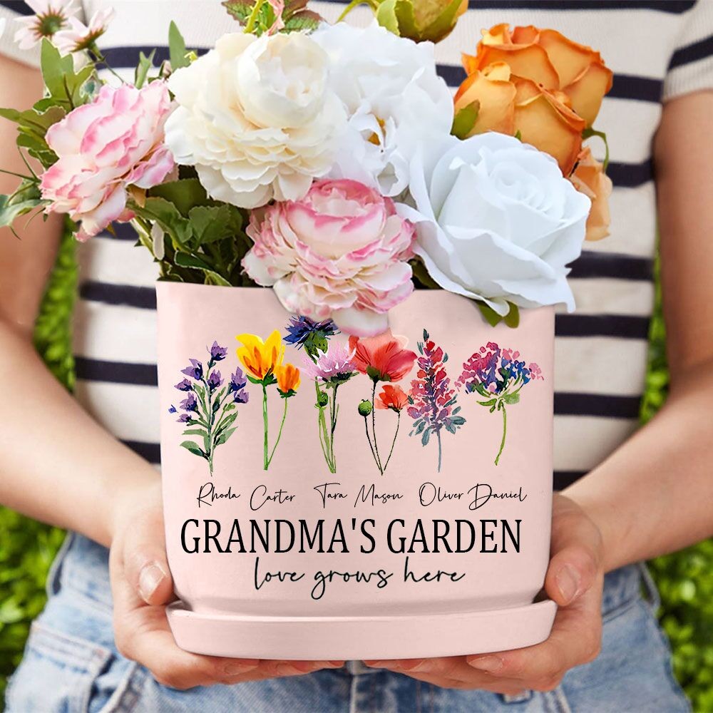 Personalized Grandma's Garden Birth Flower Pot With Grandkids Name For Mother's Day Gift Ideas