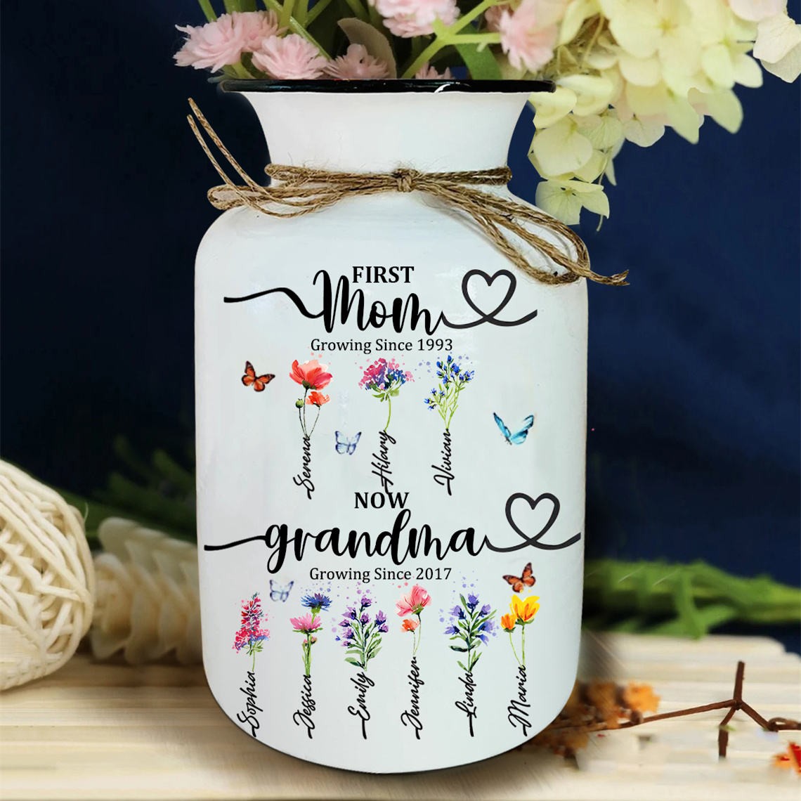 First Mom Now Grandma Personalized Birth Flower Vase For Mother's Day Gift Ideas