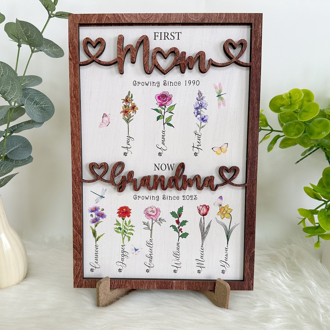 First Mom Now Grandma Personalized Birth Flower Wood Sign For Mother's Day Gift Ideas