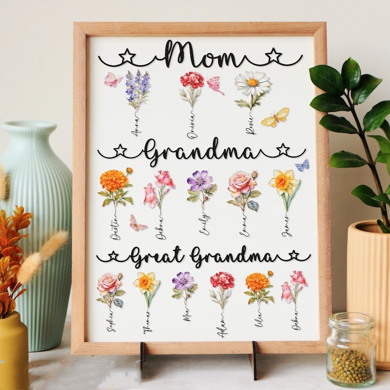 First Mom Now Grandma Personalized Birth Flower Wood Sign For Mother's Day Gift Ideas