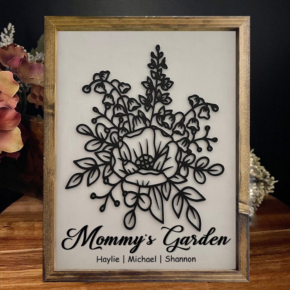 Personalized Mom's Garden Birth Flower Wood Sign With Kids Name For Mother's Day Gift Ideas