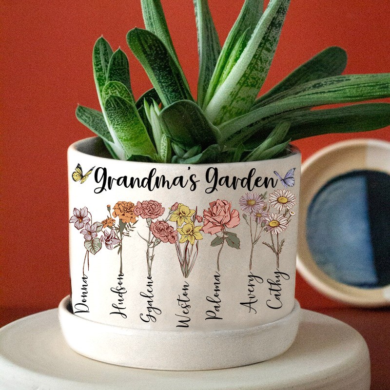 Personalized Grandma's Garden Birth Month Flower Pot With kids Name For Mother's Day