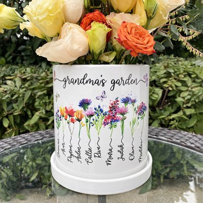 Personalized Grandma's Garden Pot With Kids Name And Birth Flower For Mother's Day