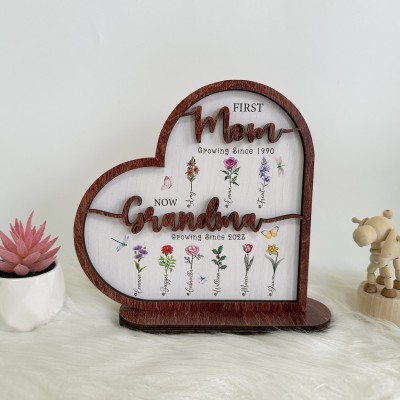 First Mom Now Grandma Personalized Birth Flower Wood Sign For Mother's Day Gift Ideas