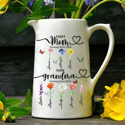 First Mom Now Grandma Personalized Birth Flower Vase For Mother's Day Gift Ideas