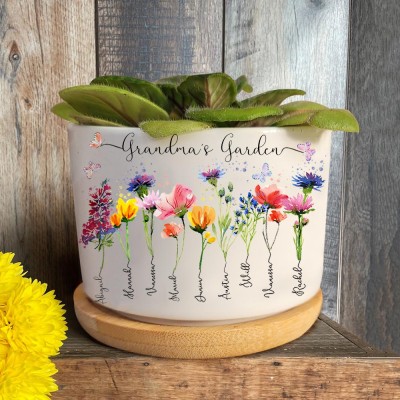 Personalized Grandma's Garden Birth Flower Pot With Grandkids Name For Mother's Day