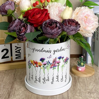 Personalized Grandma's Garden Pot With Kids Name And Birth Flower For Mother's Day