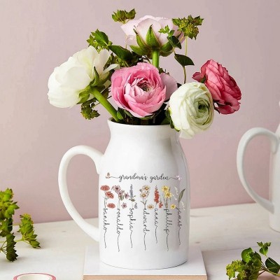 Personalized Grandma's Garden Vase With Grandkids Name Birth Flower For Mother's Day Mom Gift Ideas