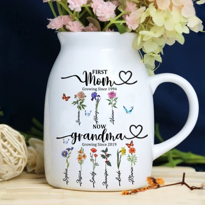 First Mom Now Grandma Personalized Birth Flower Vase For Mother's Day Gift Ideas