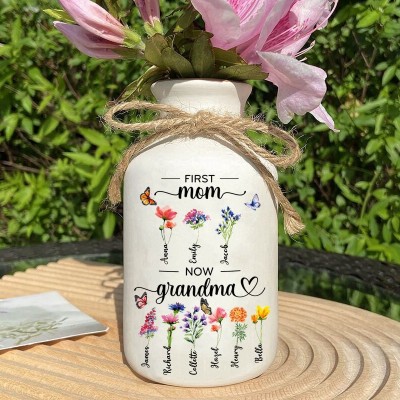 First Mom Now Grandma Personalized Birth Flower Vase For Mother's Day Gift Ideas