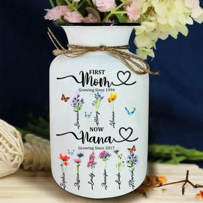 First Mom Now Grandma Personalized Birth Flower Vase For Mother's Day Gift Ideas