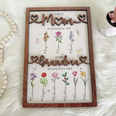 First Mom Now Grandma Personalized Birth Flower Wood Sign For Mother's Day Gift Ideas