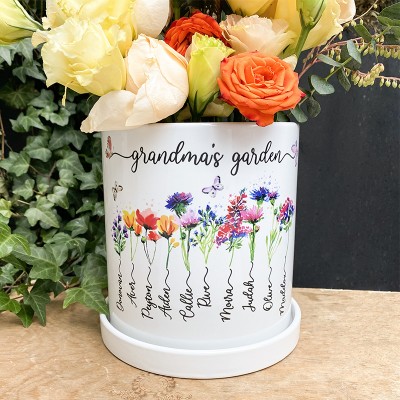 Personalized Grandma's Garden Pot With Kids Name And Birth Flower For Mother's Day