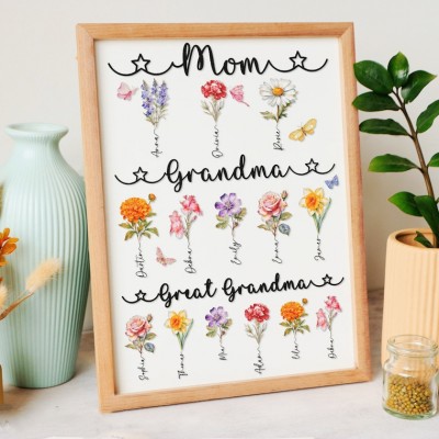 First Mom Now Grandma Personalized Birth Flower Wood Sign For Mother's Day Gift Ideas