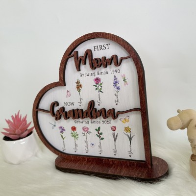 First Mom Now Grandma Personalized Birth Flower Wood Sign For Mother's Day Gift Ideas