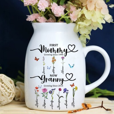 First Mom Now Grandma Personalized Birth Flower Vase For Mother's Day Gift Ideas