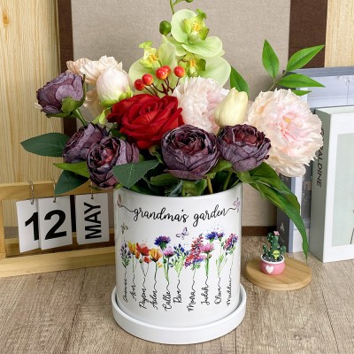 Personalized Grandma's Garden Pot With Kids Name And Birth Flower For Mother's Day